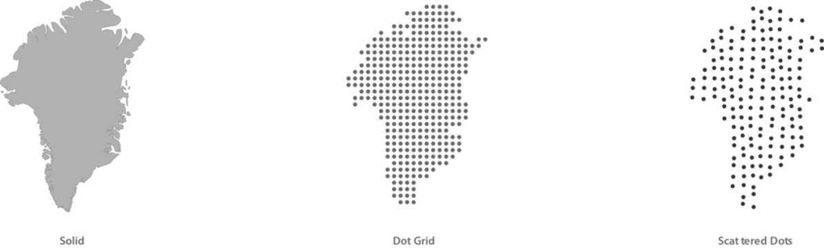 Greenland map silhouette in solid, dot grid, and scattered dots styles vector illustration