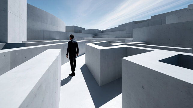 Man in a dark suit navigating through a large empty modern concrete maze, challenge and decision making concept, minimalist architectural environment, faceless, defocused