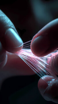 Macro shot of fingers pulling on a highly elastic, semi-transparent neon rubber material, tension lines visible, face hidden, Generative AI illustrations.