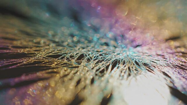 Extreme close-up of a delicate feather or plant structure with iridescent colors and bokeh highlights creating an abstract, ethereal, and shimmering effect with a shallow depth of field Keywords