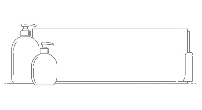 Minimalist continuous line art of soap bottles and rectangular banner.