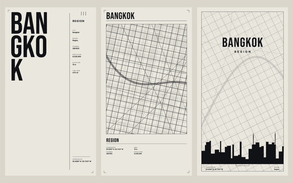 Minimalist bangkok city map and skyline poster set, modern urban design vector illustration