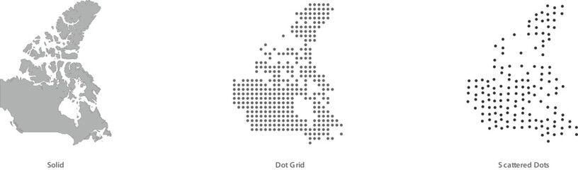 Obraz premium Canada map silhouette in three different styles solid, dot grid, and scattered dots vector illustration