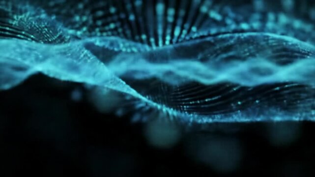 A colossal, abstract, undulating wave of shimmering electric blue and deep teal digital particles flows on a pitch-black void with a slow dolly zoom-in, depicting a futuristic high-tech data stream