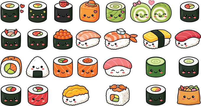Cute Japanese food sushi and sashimi cartoon character icon set featuring maki roll nigiri onigiri salmon tuna and shrimp roll vectors.