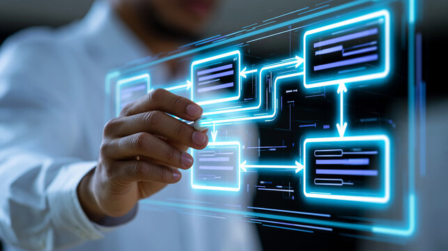 Close-up of a manager writing on a virtual workflow display to create solutions and analyze business problems with logic strategy, faceless, defocused background, with copy space