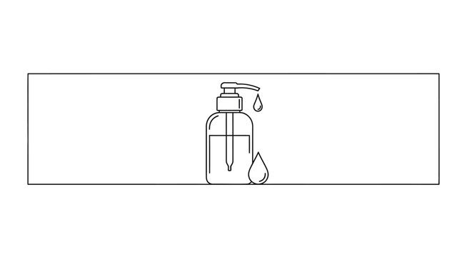 Minimalist outline icon of a liquid soap dispenser with drops.