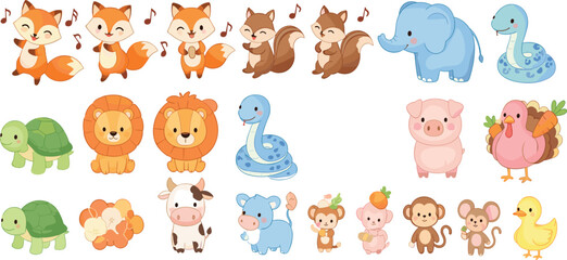 Cute cartoon animal collection with fox, lion, elephant, turtle, snake, pig, and monkey characters for kids nursery vector illustration set © Jannatun