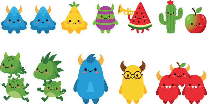 Cute kawaii monster and fruit character collection with funny cartoon creatures, cactus, watermelon, and colorful fantasy mascot vector illustrations