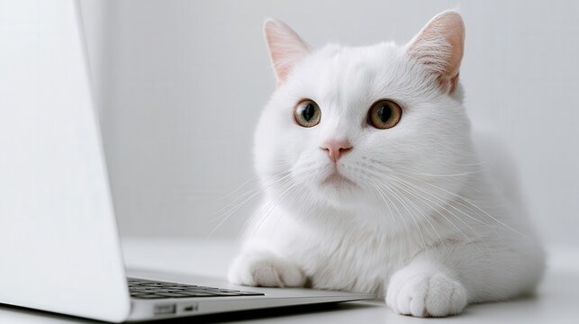 White cat sits beside laptop, eyes wide and curious