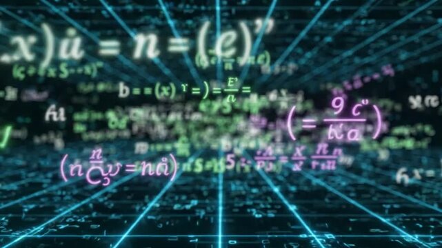 Abstract Digital Math Equations and Formulas in Futuristic Network Grid
