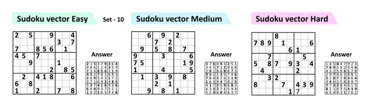 Sudoku game with answers. Simple vector design set Sudoku. Blank template. Complexity of the task is medium, easy, hard.