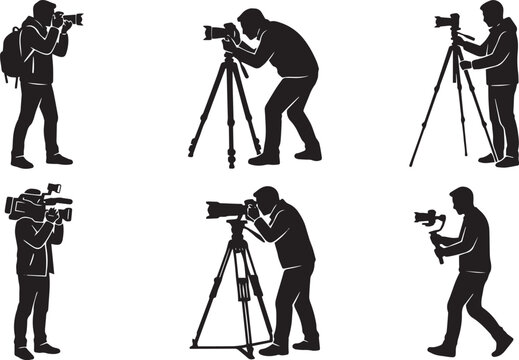 Photographer and videographer silhouettes set with cameramen using professional dslr cameras, tripods, video gear, and gimbals isolated on white background