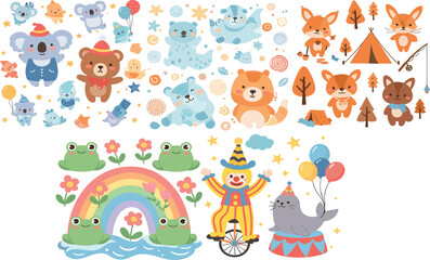 Cute cartoon animal and fantasy doodle collection with koalas, foxes, frogs, circus characters, rainbow, and pastel nursery vector illustrations © Jannatun