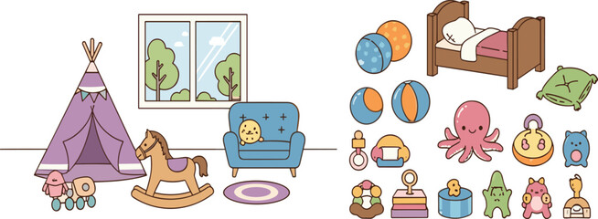 Cute kids room interior collection with nursery furniture, toys, plush characters, and pastel cartoon decor vector illustration elements set © Jannatun