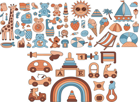 Cute pastel baby toy and summer doodle collection with nursery animals, beach elements, and cartoon playroom icons vector illustration set