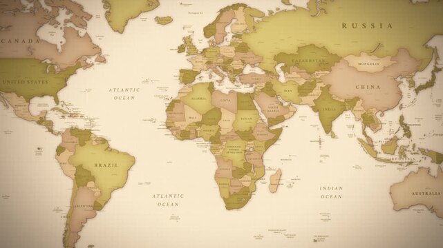 Vintage political map animation featuring smooth cinematic camera zoom into Africa. Detailed antique cartography with country borders, capitals, cities and old atlas style design.