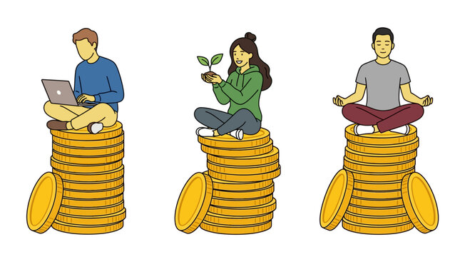People sitting on stacks of coins illustration with laptop and plant