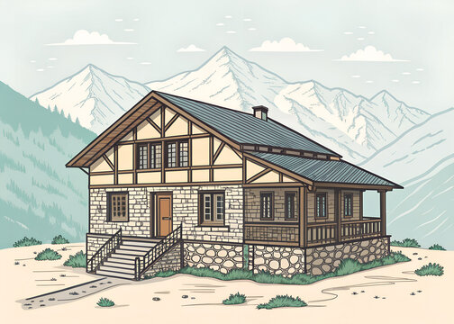 Himachali mountain house, stone walls and timber frame, sloping roof, Himalayan village aesthetic, 