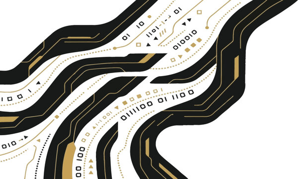 Digital technology background with abstract flowing circuit board lines and binary data code