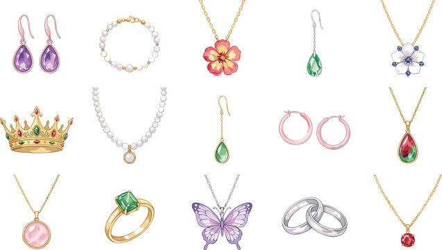 Elegant jewelry collection vector set featuring gold necklaces diamond rings pearl bracelets drop earrings floral pendants and a royal crown illustration.