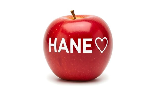 Vibrant red apple featuring the word hane and a heart symbol