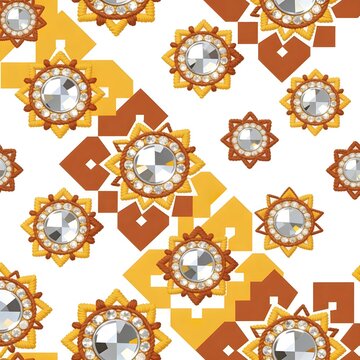 Seamless pattern of traditional Kuchi child vest motifs with small mirror work,