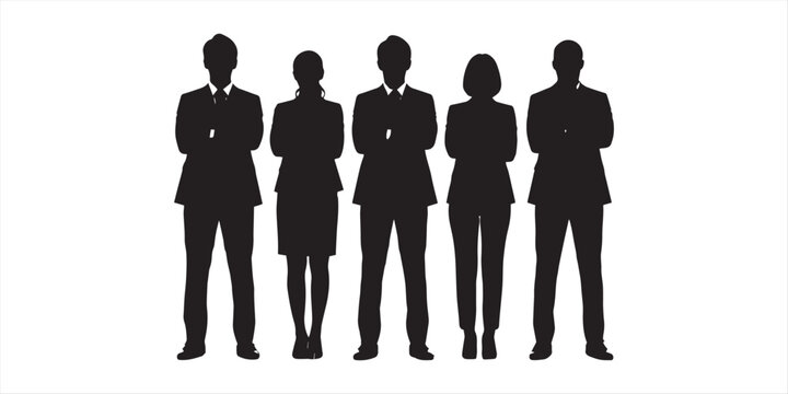 Group of business people silhouettes in formal suits with arms crossed standing together isolated on a white background