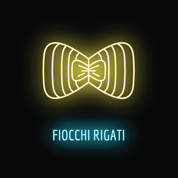 Neon sign displaying bow tie pasta with fiocchi rigati text glowing on black background