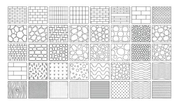CAD hatch patterns and architectural material textures set, brick stone tile wood water and surface symbols for blueprint drafting vector illustration
