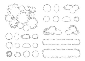 CAD shrubs and hedge top view line drawing set, outline bushes garden borders and plant canopy symbols for architecture landscape design site plan vector illustration © Rumelaz