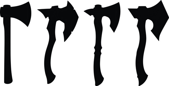 Viking Battle Axe Silhouette Icon Set Featuring Medieval Tomahawk and Hatchet Weapon Symbols for Nordic Heraldry, Tattoos, and Ancient Warrior Vector Designs