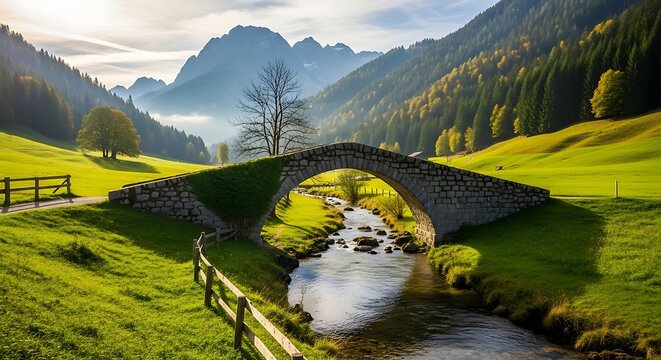 Stone bridge arches over a babbling brook in a lush green valley with mountains