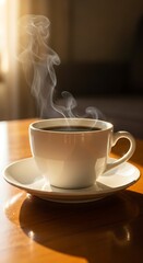 Obraz premium Steaming cup of hot coffee on saucer bathed in morning light