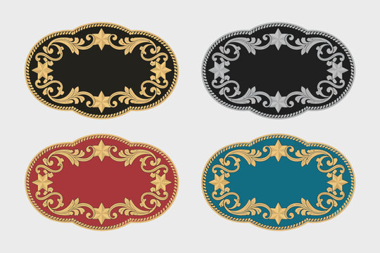 ornate vintage western cowboy belt buckle medal and typographic emblem label design set, luxury gold and silver filigree scroll elements with decorative stars for retro rodeo branding.