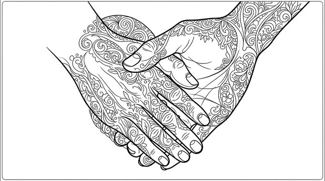 Intricate floral pattern line art of two hands holding