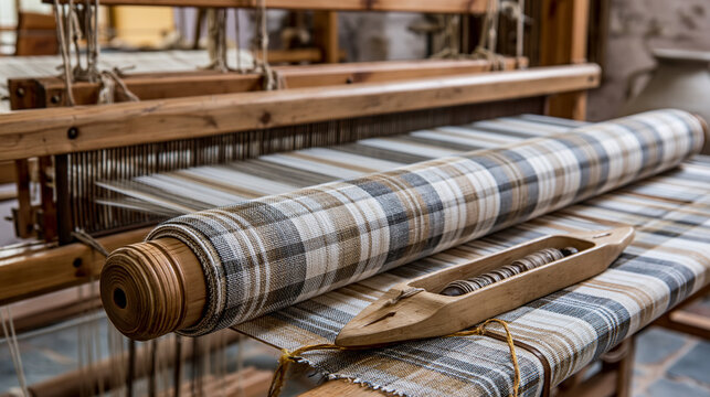 A wooden loom with a plaid fabric roll and shuttle in a textile workshop
