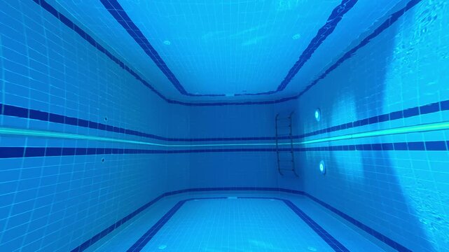 Timelapse clear swimming pool with blue tiles and sunlight shining through water during daytime and night.
