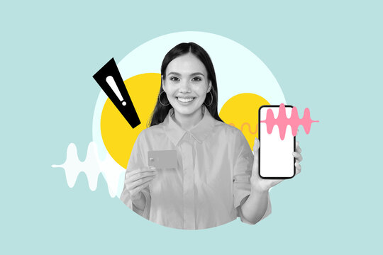 A woman holds a mobile phone in one hand and a card in the other, expressing joy. Bright colors and shapes create a lively atmosphere. This act showcases modern technology and engagement.