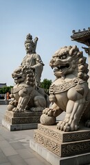 Obraz premium Stone guardian lions and serene deity statue at temple entrance
