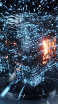 Futuristic dark metallic cube with glowing orange energy core