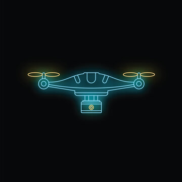 Drone outlined with neon light, featuring a camera and rotating propellers, on black background