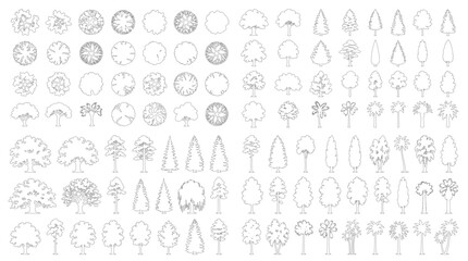 CAD trees line drawing collection, top view and side view outline tree symbols for architecture landscape design site plan vector illustration © Rumelaz