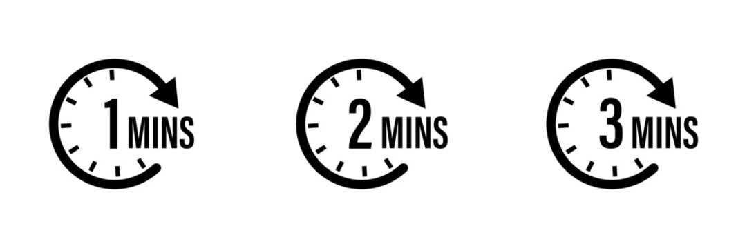 Timer icons for 1, 2, and 3 minutes with clock faces and curved arrows vector