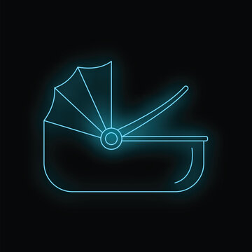 Baby pram neon line icon on black background