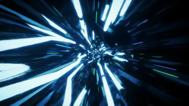 Rapid first-person POV tracking video through a dark digital tunnel with glowing polygons, reflective metal, and intense cyber-blue, purple, green neon light streaks. Concept of rapid digital