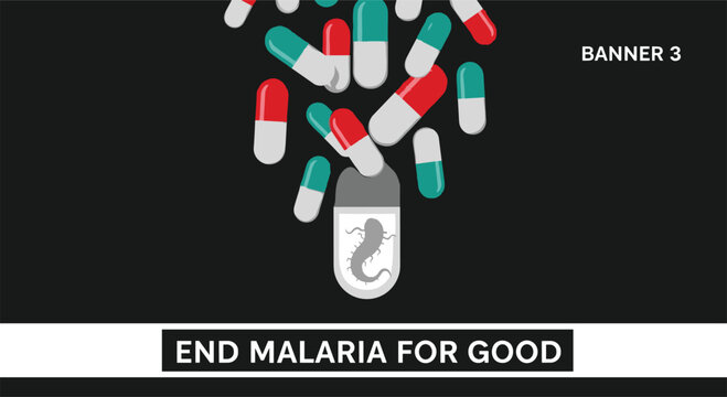 World Malaria Day vector banner with falling medical antibiotic capsules and mosquito silhouette inside a pill for end malaria for good concept.