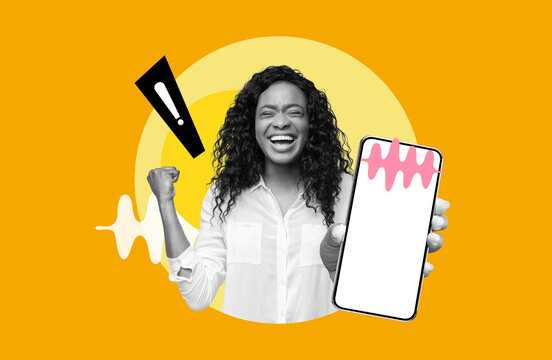 A person shows joy and excitement while holding a phone, posing with a cheerful expression. The background is bright with bold colors, creating a lively atmosphere.