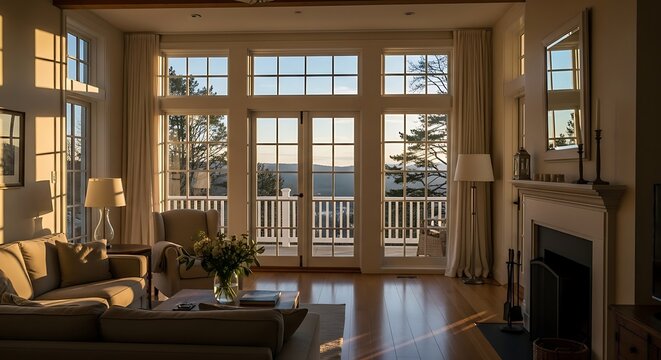 Sunny living room with large windows and scenic view