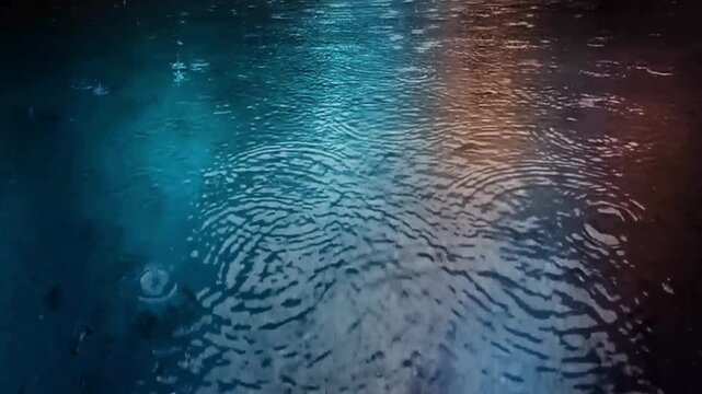Cinematic rain ripples on dark water surface, blue and orange neon light reflections, moody wet pavement texture with falling raindrops